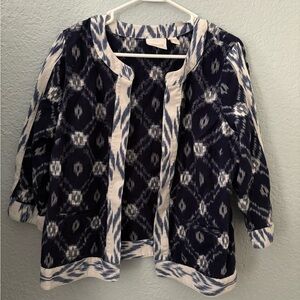 Chico’s Size 2 (12) Navy & White Ikat Patterned Open Front Jacket